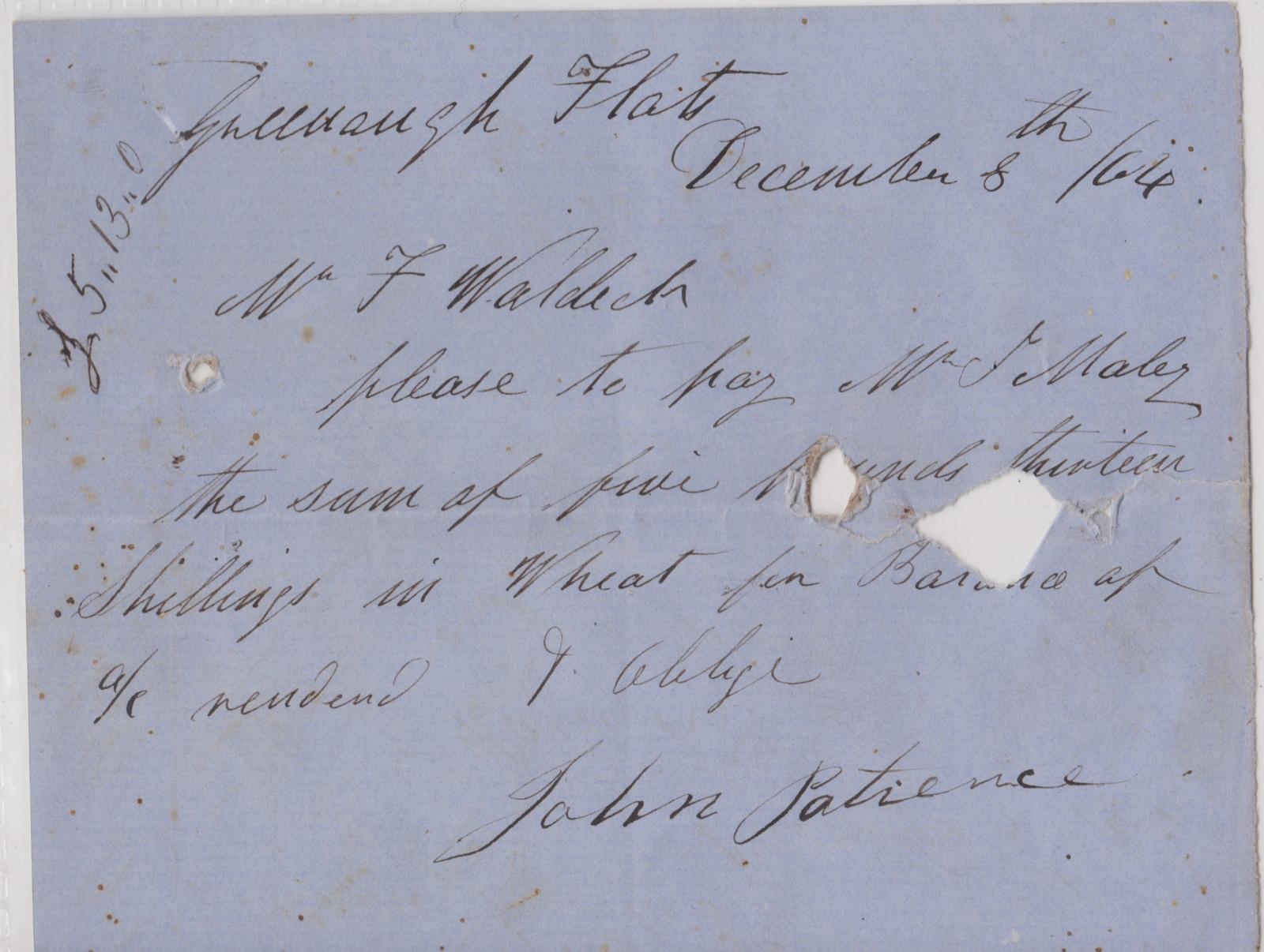 Promissory note from John Patience 