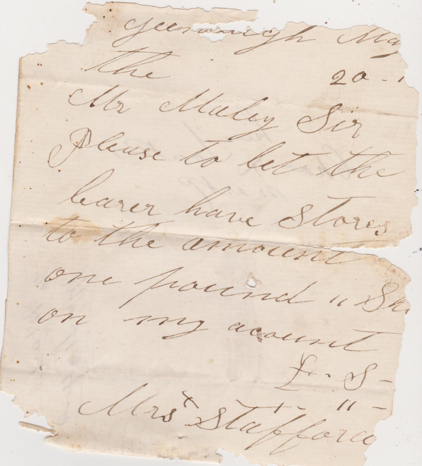 Promissory note from Mrs Stafford