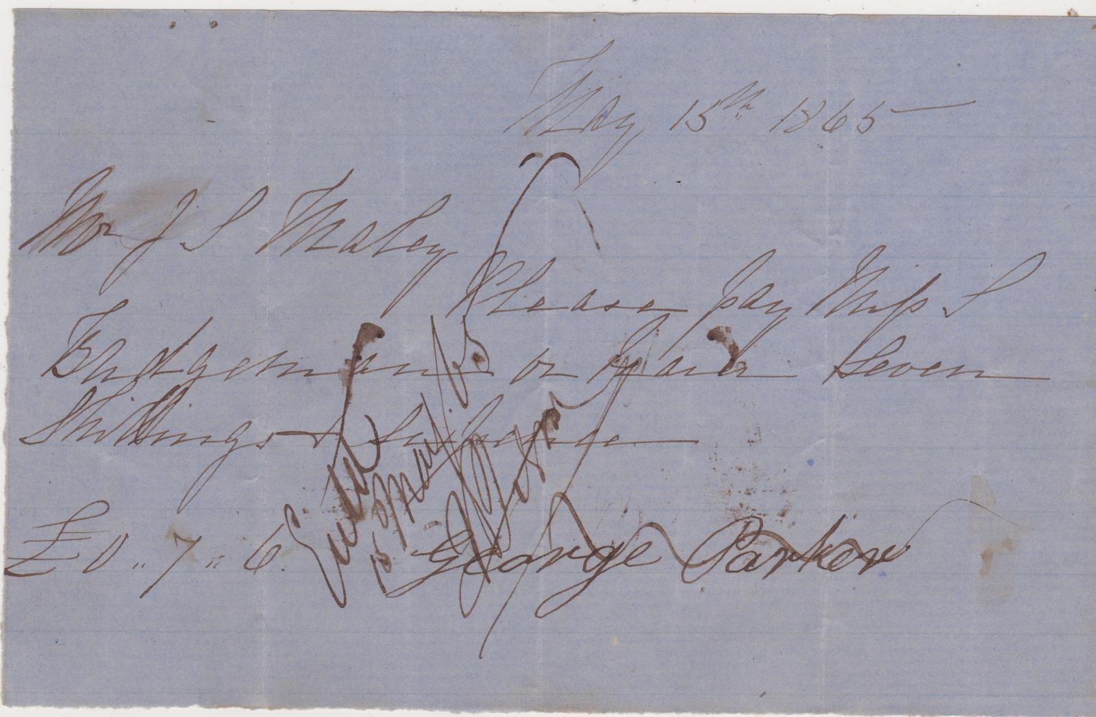 Promissory note from George Parker to Miss J. Bridgeman