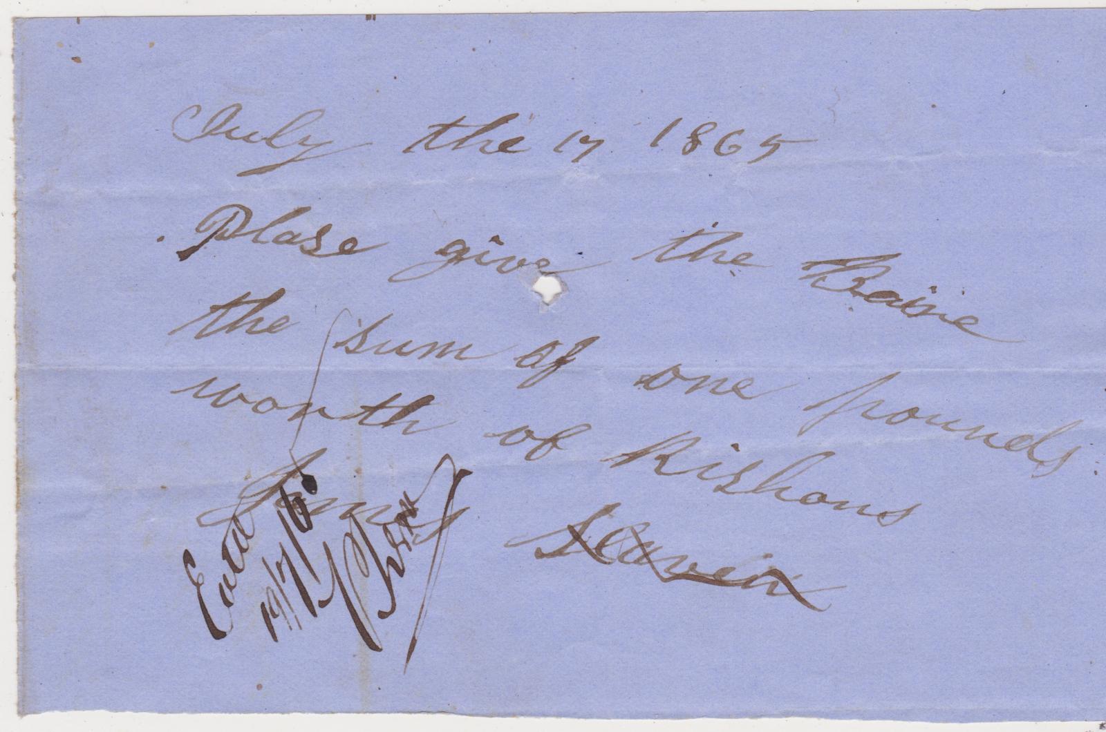 Rations order from James Slaven
