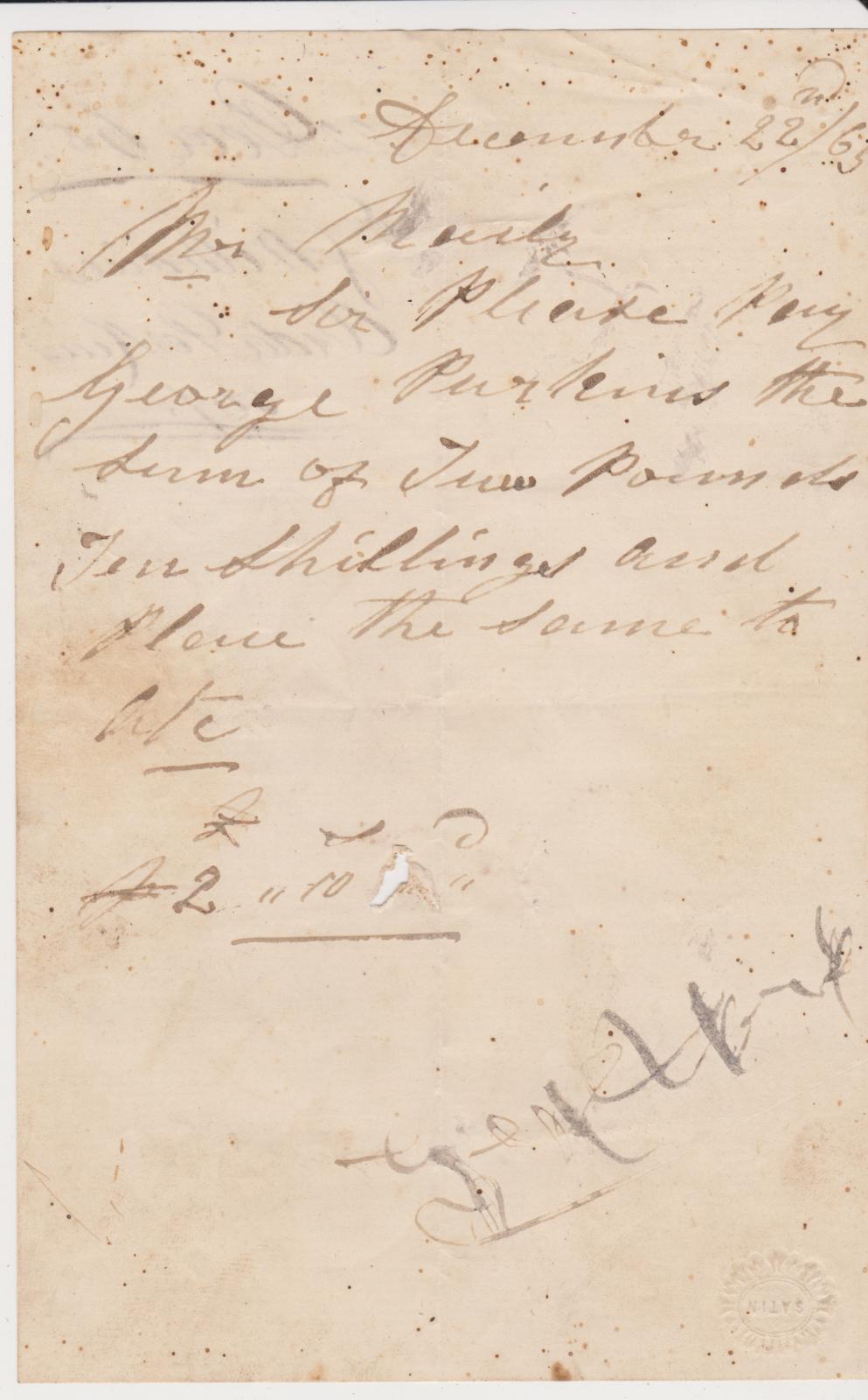 Promissory note for George Perkins from J. Williams