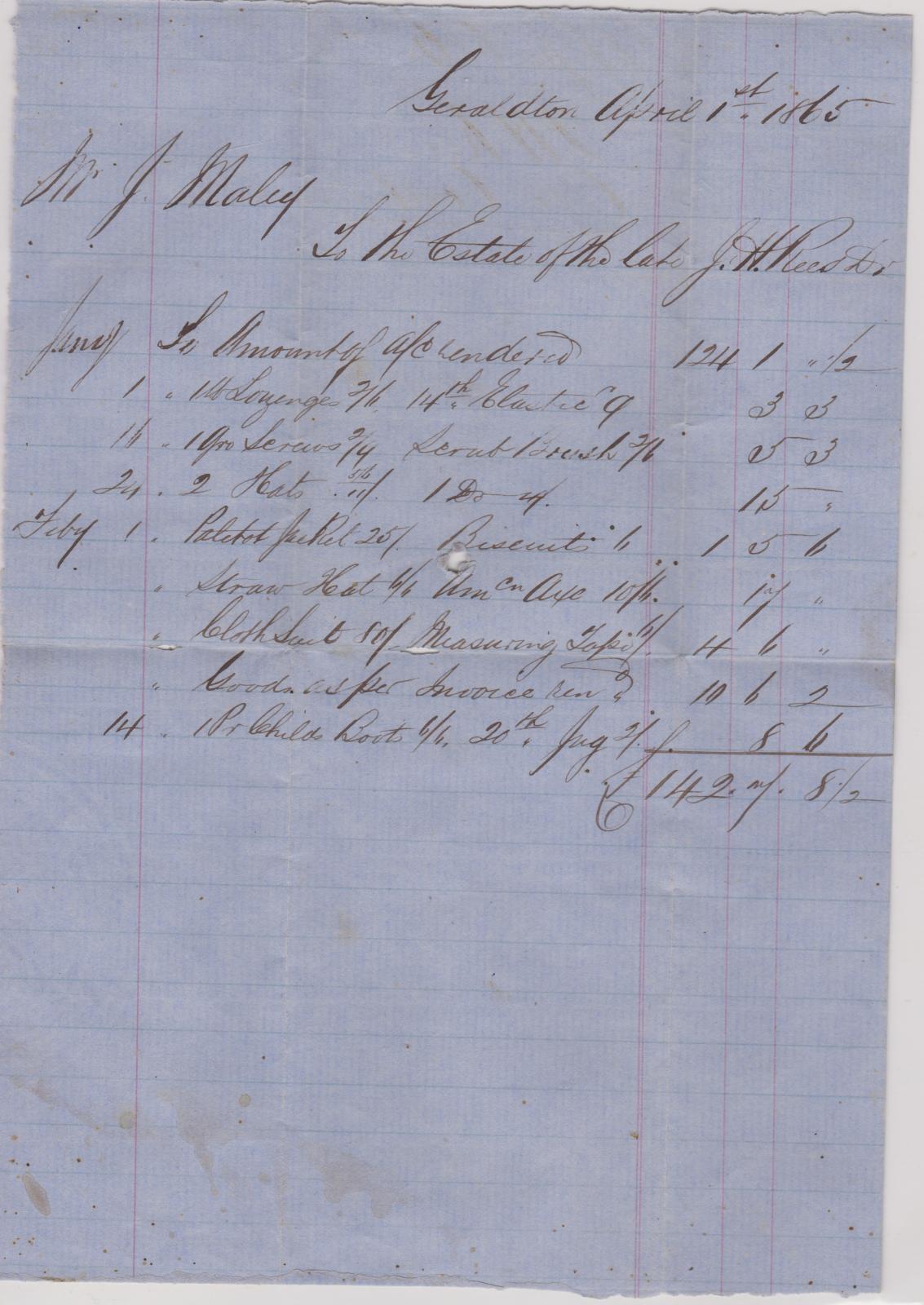 Invoice from the Estate of the late J.H. Rees