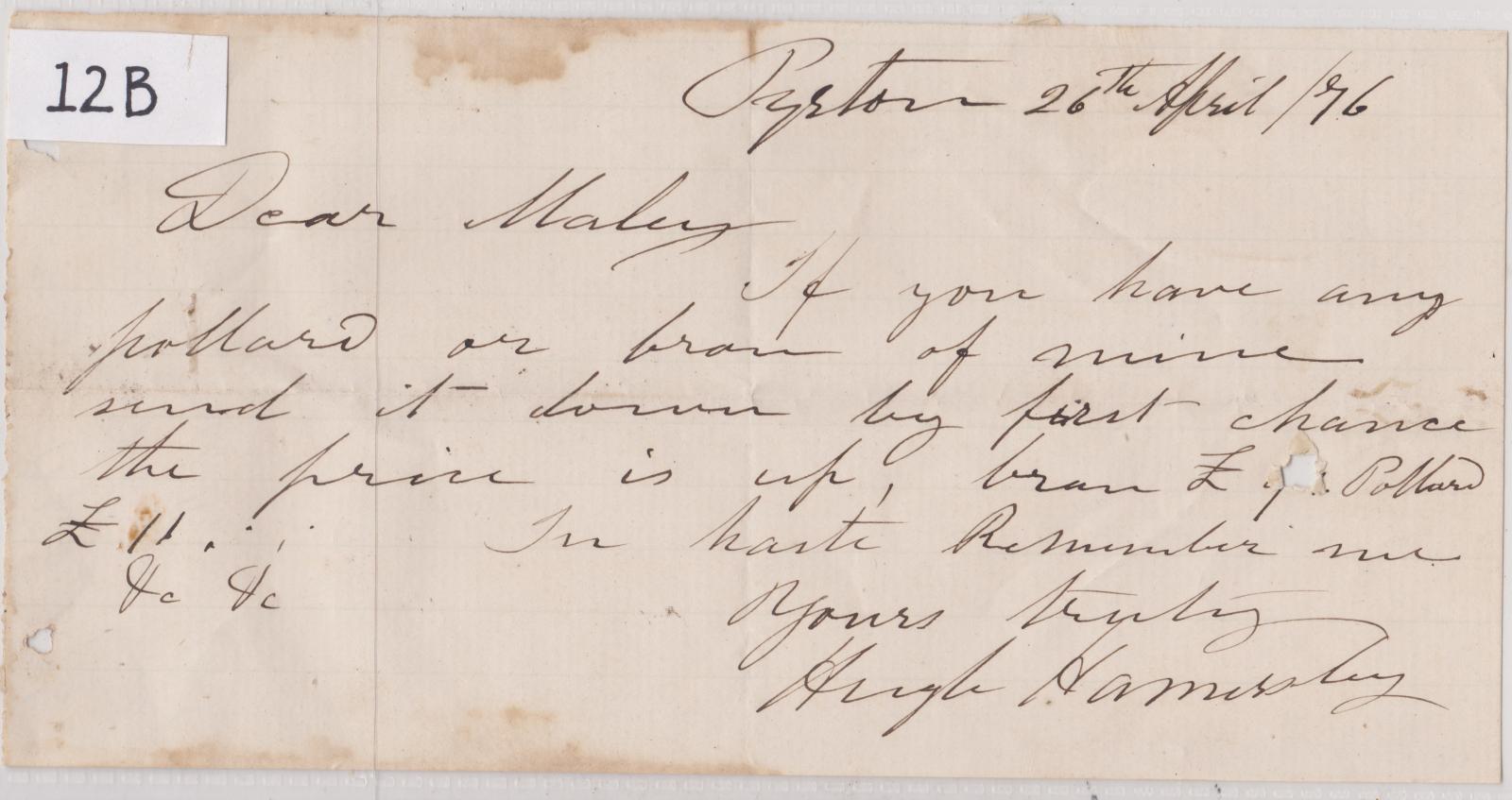 Request for bran & pollard from Hugh Hamersley