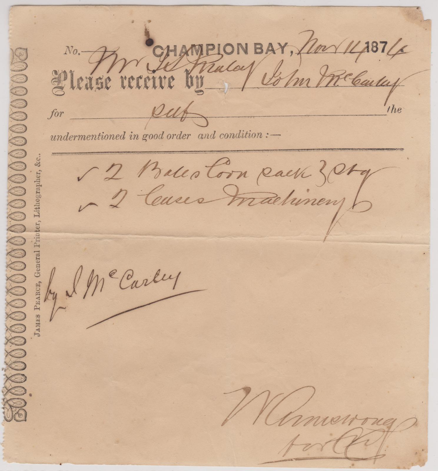 Crowther Cart note dated 14/11/1874, by John McCarley