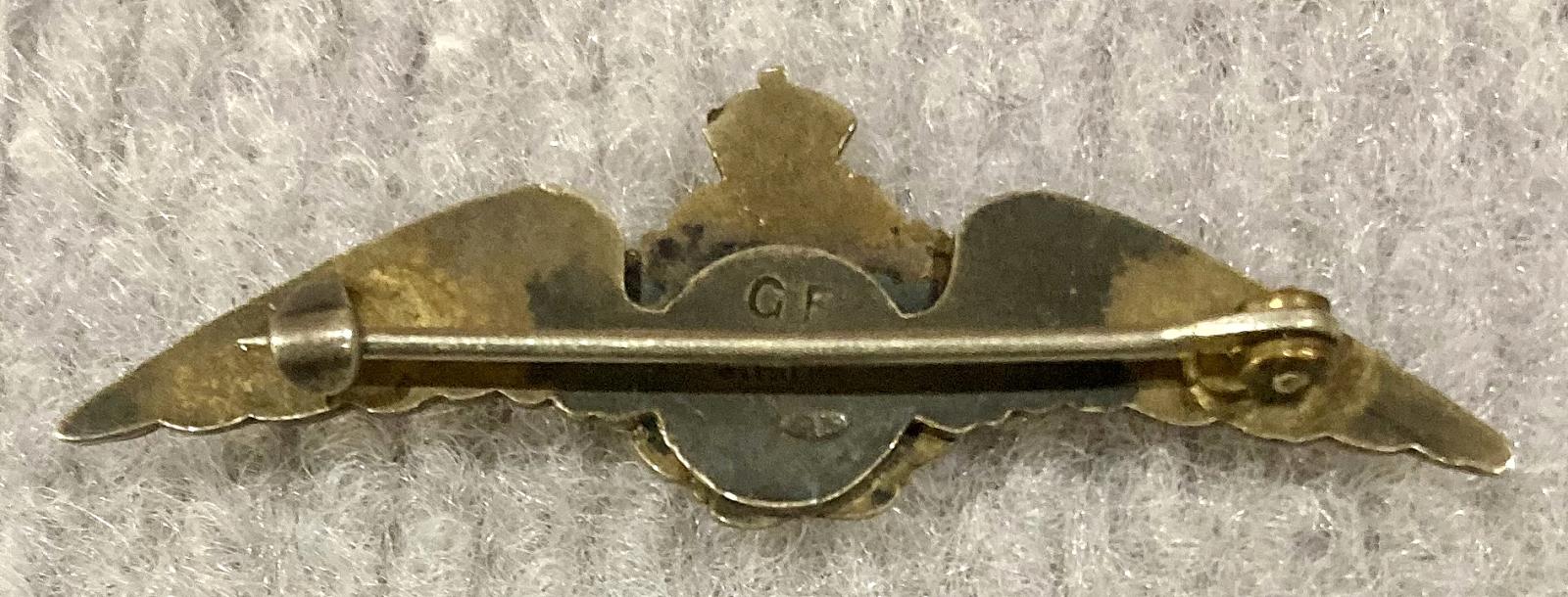 Reverse of Royal Air Force gold filled sterling silver sweetheart brooch - pin closed