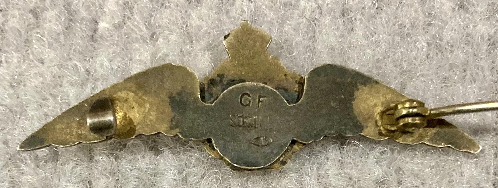 Reverse of Royal Air Force gold filled sterling silver sweetheart brooch - pin open