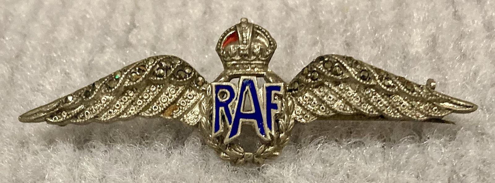 Royal Air Force diamonte and enamel sterling silver sweetheart brooch 
