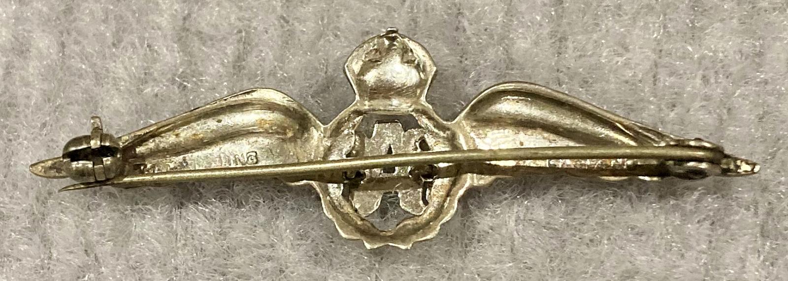 Reverse of Royal Air Force diamonte and enamel sterling silver sweetheart brooch 