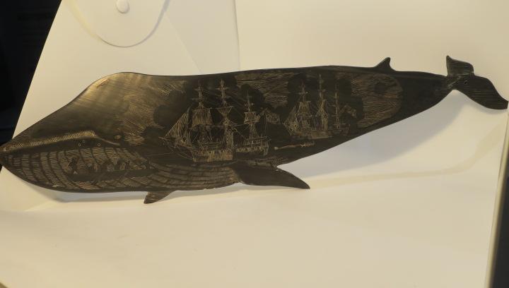 Scrimshaw on a piece of Blue Whale baleen depicting whaling scenes by Albany artist.