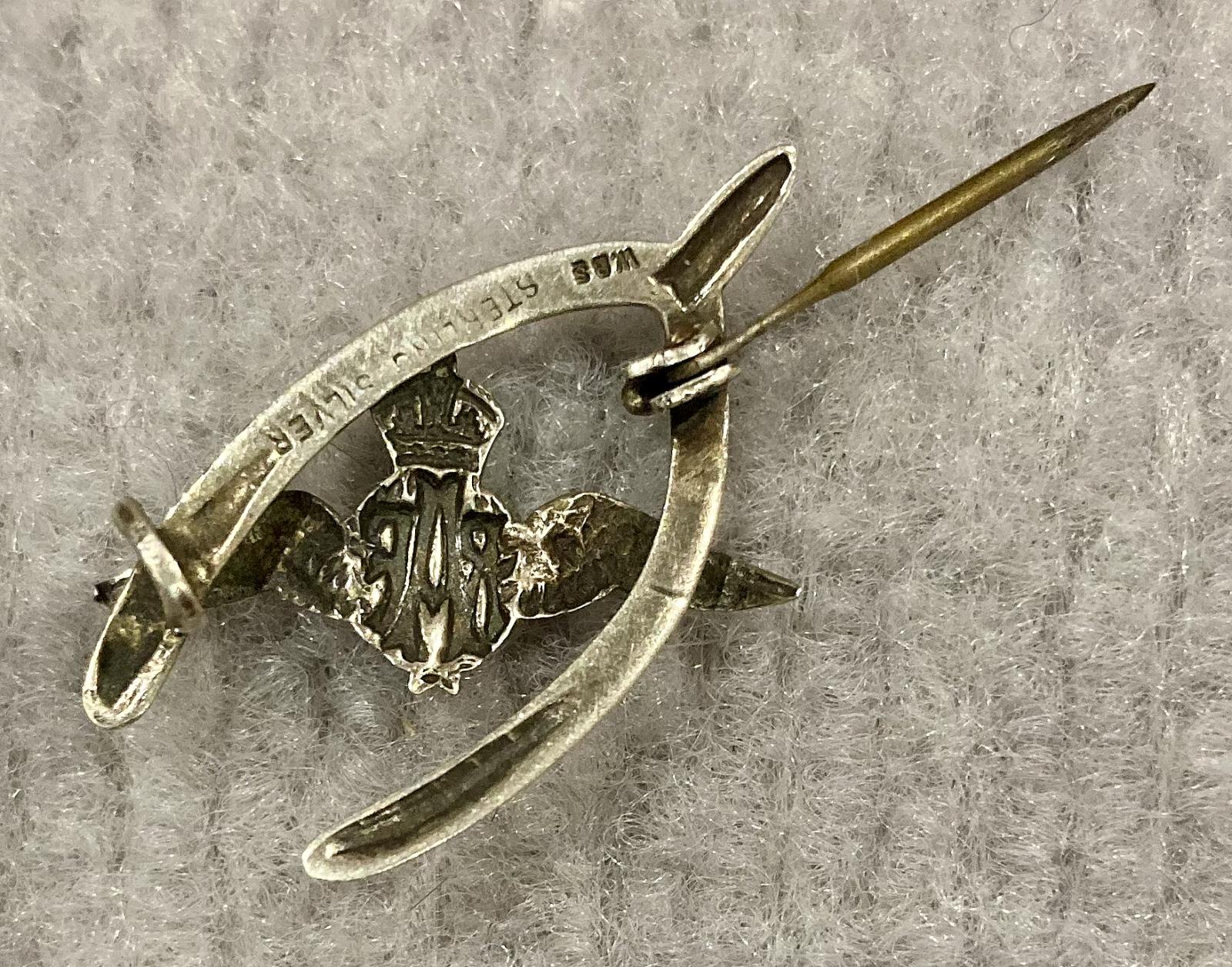 Reverse of Royal Air Force sterling silver sweetheart brooch in form of wishbone - pin open