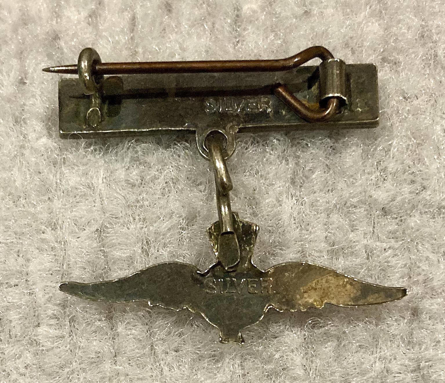 Reverse of Royal Air Force enamel and silver sweetheart brooch suspended from bar