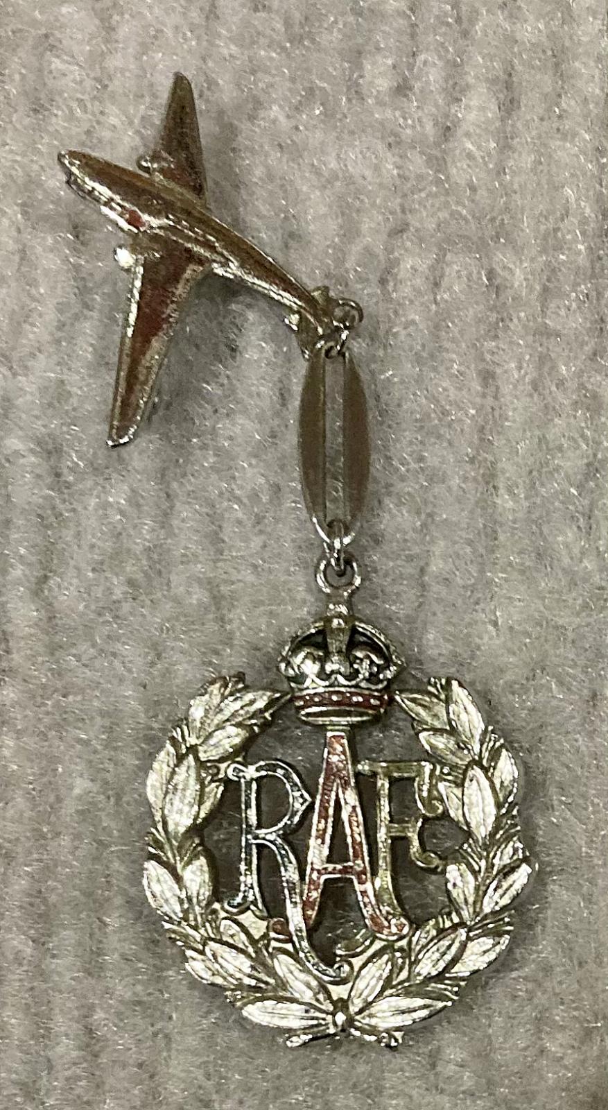 Royal Air Force silver tone sweetheart brooch in form of wreath suspended from plane