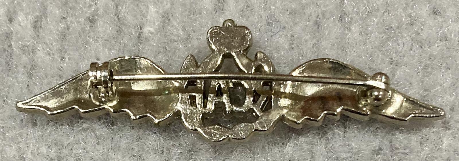 Reverse of Royal Canadian Air Force silver tone diamonte sweetheart brooch
