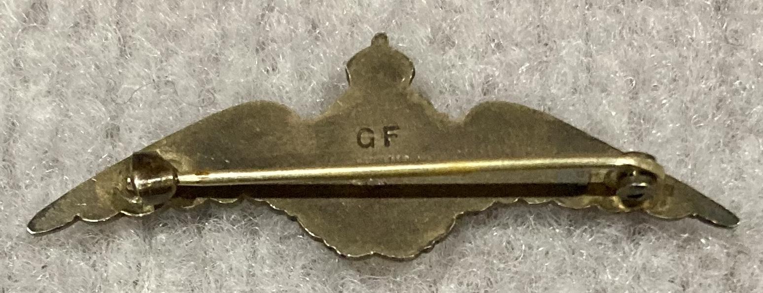 Reverse of Royal Canadian Air Force gold filled sterling silver sweetheart brooch - pin closed