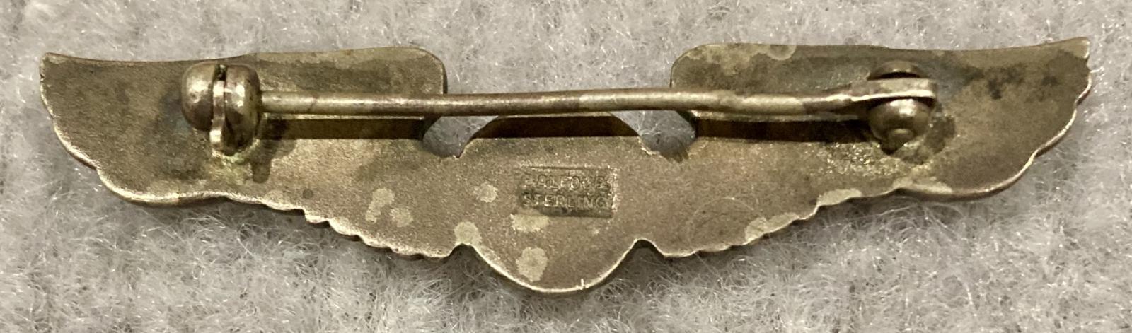 Reverse of United States Army Air Force sterling silver Air Crew badge