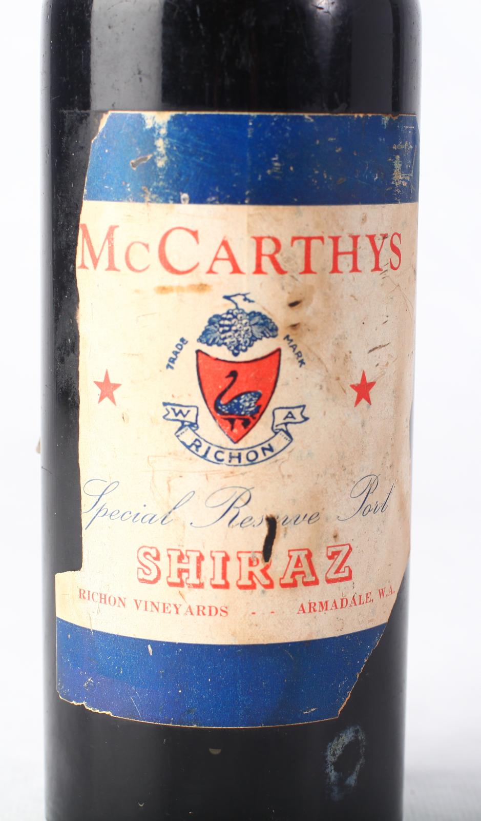 White label on wine bottle with text McCARTHYS W.A. Richon / Special Reserve Port / SHIRAZ / RICHON VINEYARDS ARMADALE, W.A.