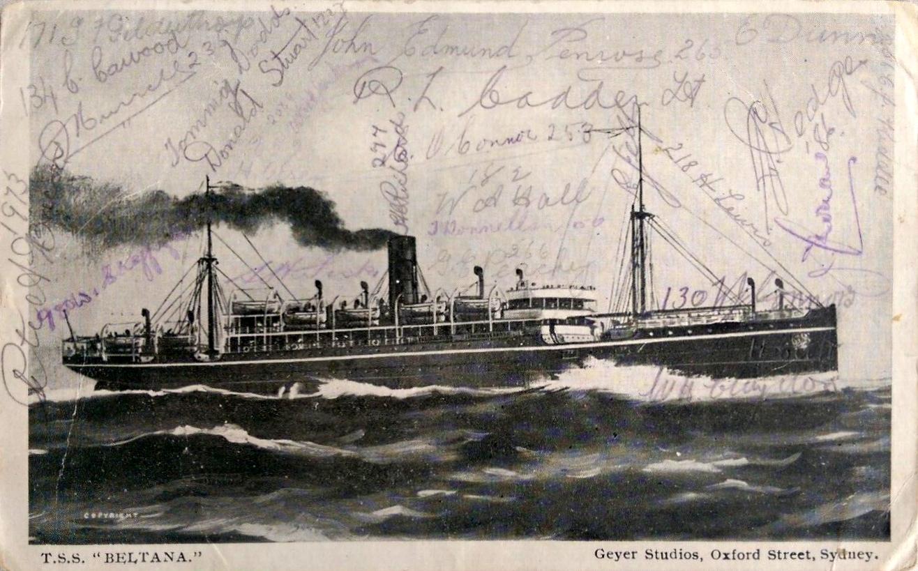 Signed postcard of WWI transport ship HMAT A72 Beltana 