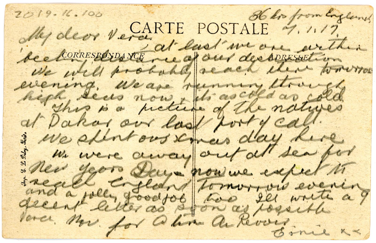 First World War Postcard ‘Afrique Occidentale Francaise’ sent to Miss Vera VERGE