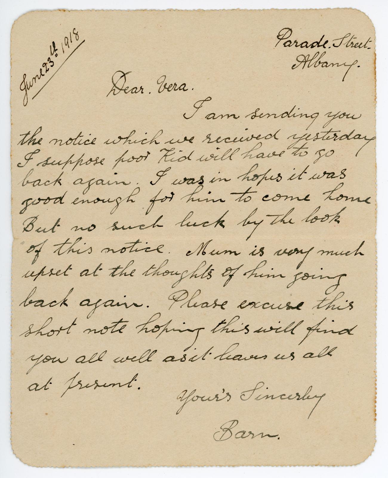 First World War Letter Card sent to Miss Vera VERGE from Barnard MOUCHEMORE