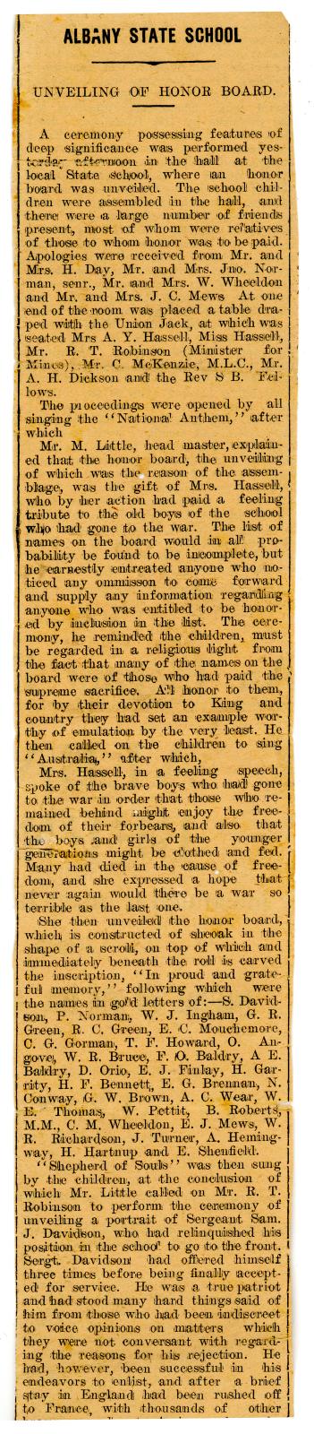 Albany Advertiser Newspaper Article of Albany State School ‘Unveiling of Honor Board’