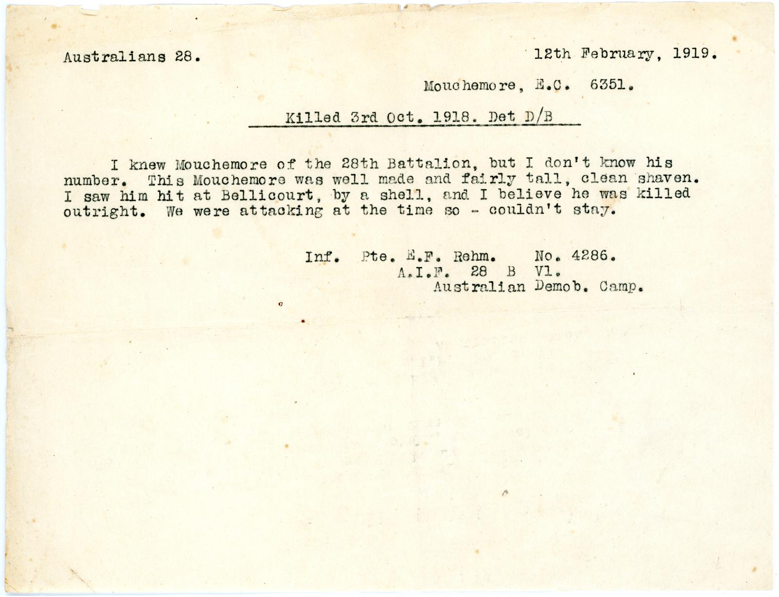 Letter about the Death of Pte. Edward Charles MOUCHMORE, 6351