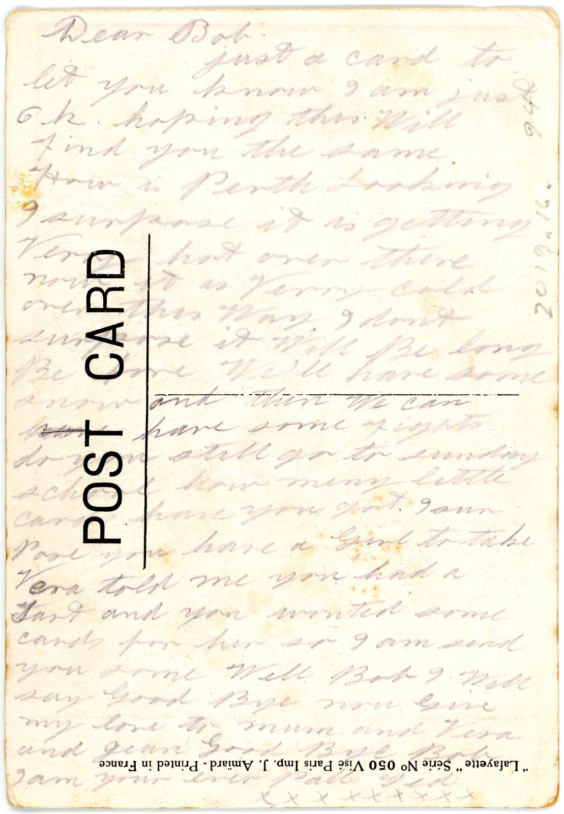 First World War Postcard ‘Belgium for ever!’ sent from Pte. Edward Charles MOUCHEMORE, 6351