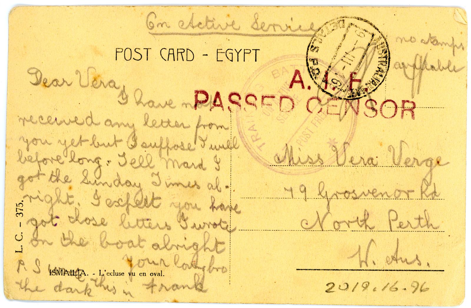 First World War Postcard ‘Ismailia’ sent to Miss Vera VERGE