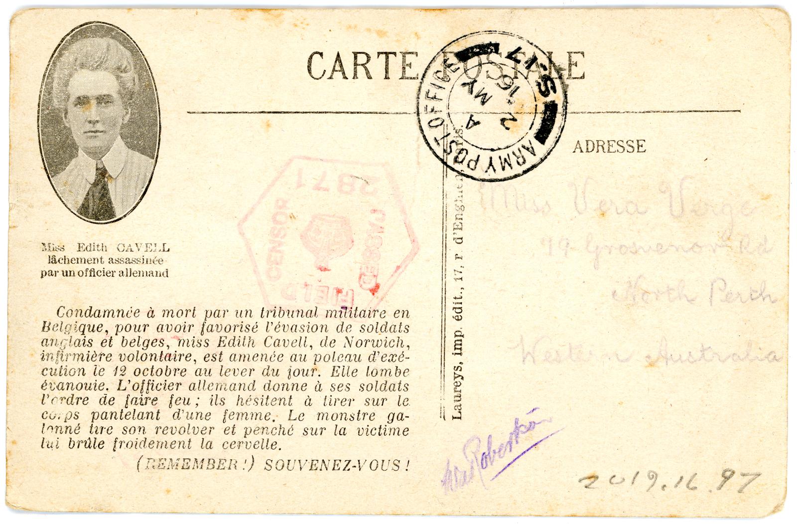 First World War Postcard ‘Remember!’ sent to Miss Vera VERGE