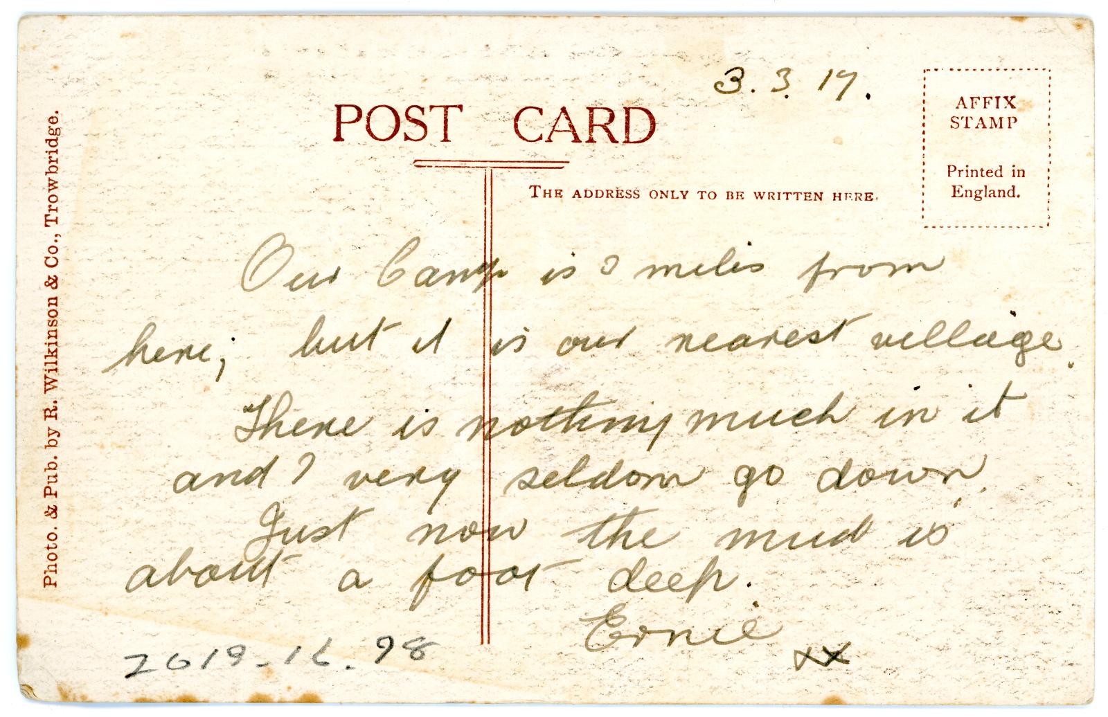 First World War Postcard ‘Codford’ sent to Miss Vera VERGE