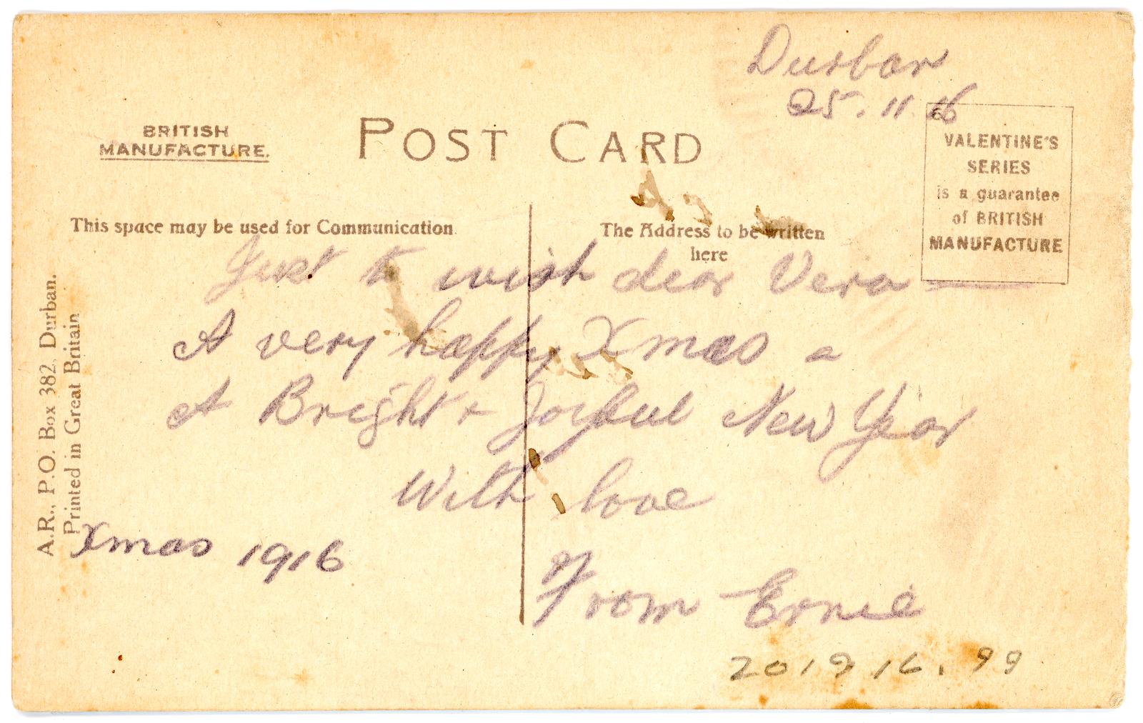 First World War Postcard ‘Ocean Beach, Durban’ sent to Miss Vera VERGE