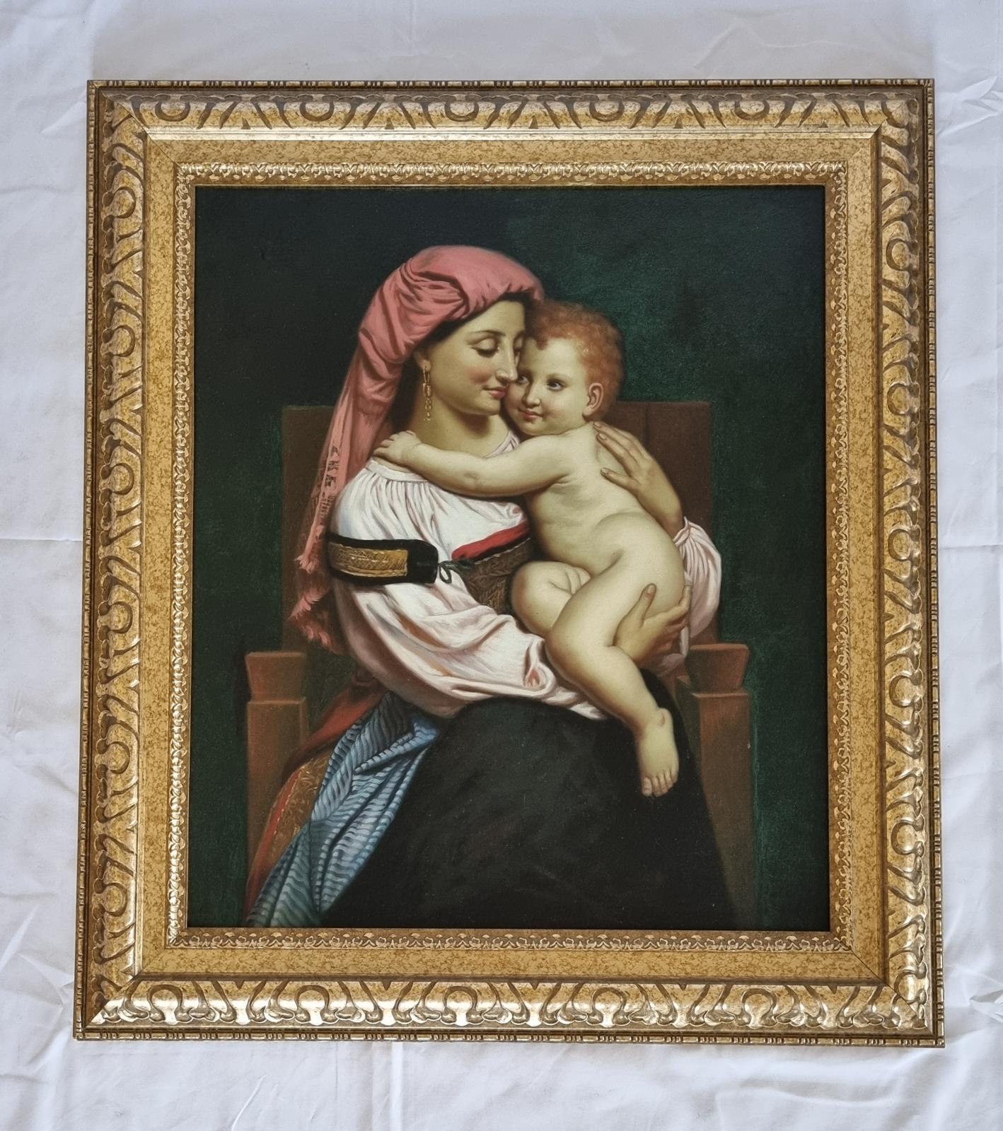26-375 Large framed portrait of mother and child (potentially Mary and Jesus) front-side photo with background. 