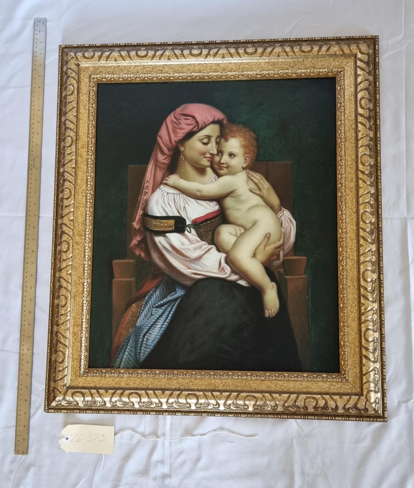 26-375 Large framed portrait of mother and child (potentially Mary and Jesus) photo with scale and tag.