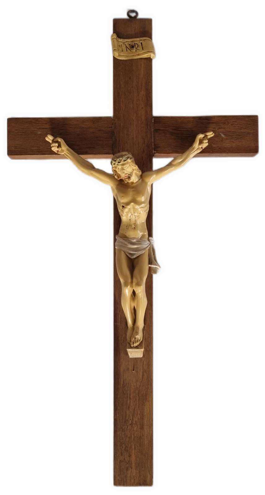 26-377 Wooden Crucifix with a plastic-molded Jesus photo without background.
