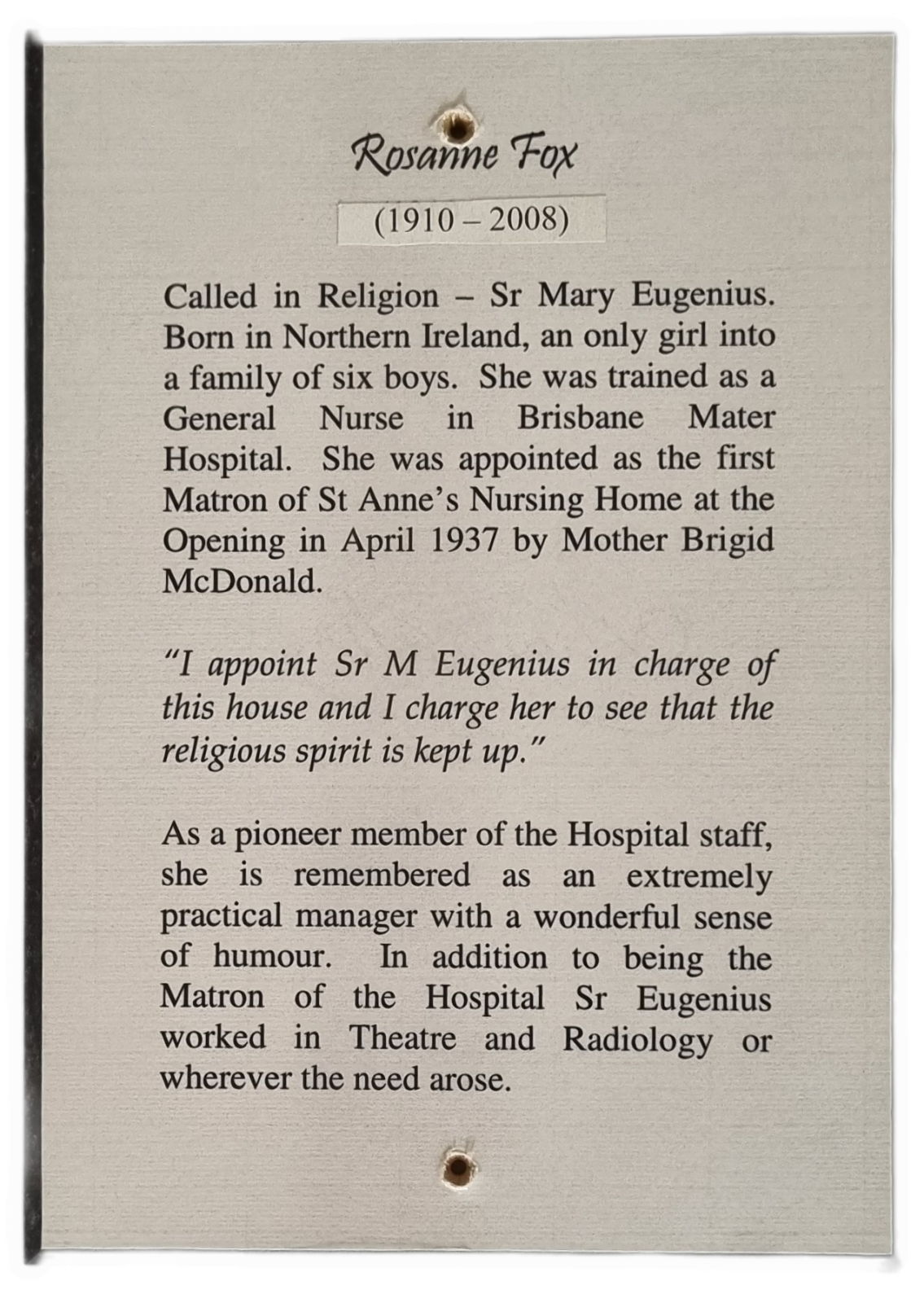 26-379.2 Woodblock-print of description of Sister Rosanne Fox RSM photo without background.