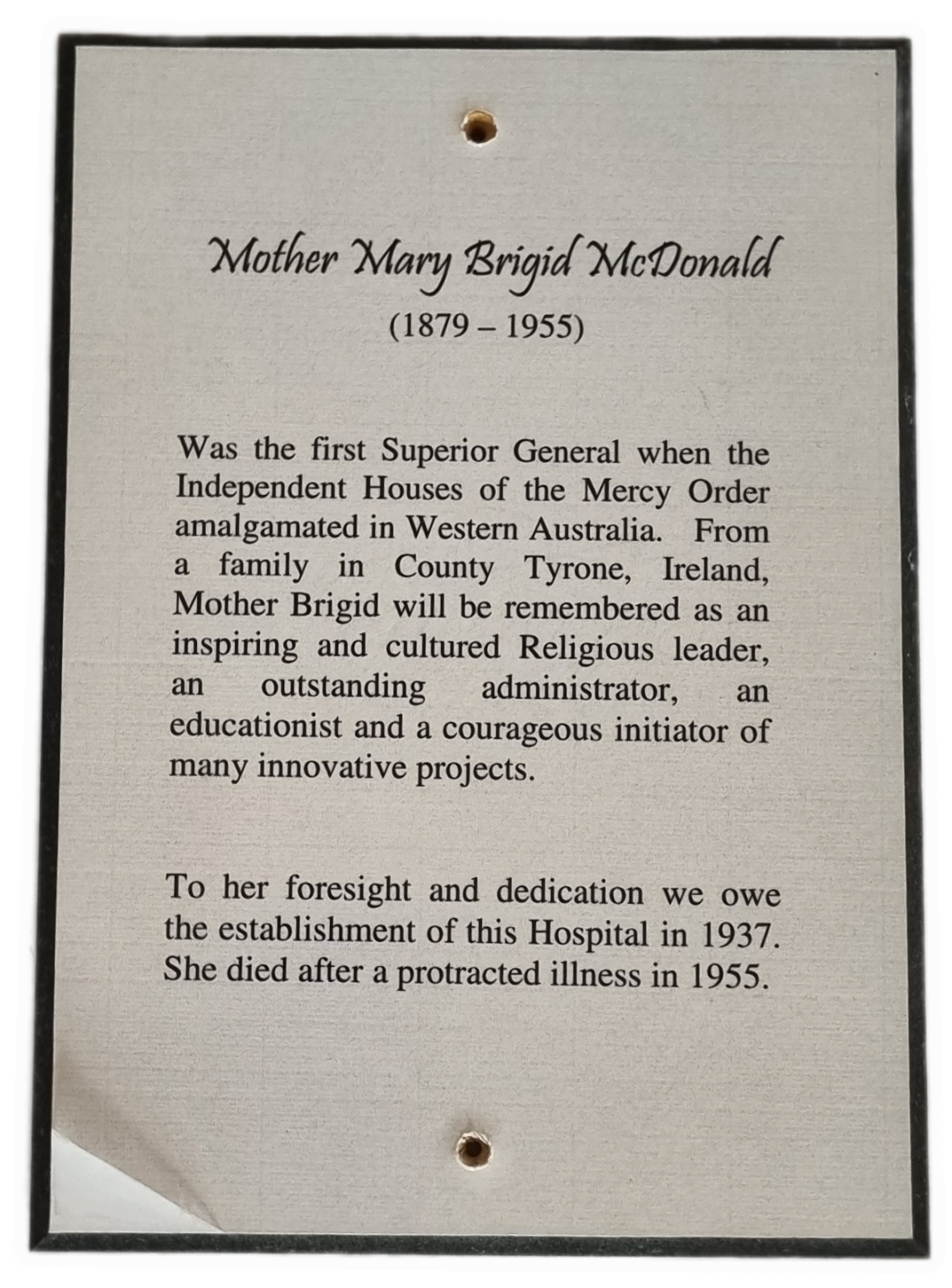 26-380.2 Woodblock-print of description of Mother Brigid McDonald RSM photo without background. 