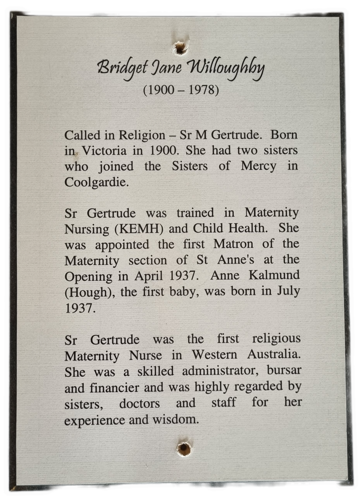26-381.2 Woodblock-print of description of Bridget Jane (Sister Gertrude) Willoughby RSM photo without background. 
