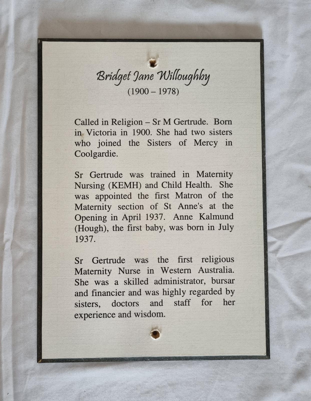 26-381.2 Woodblock-print of description of Bridget Jane (Sister Gertrude) Willoughby RSM photo with background. 