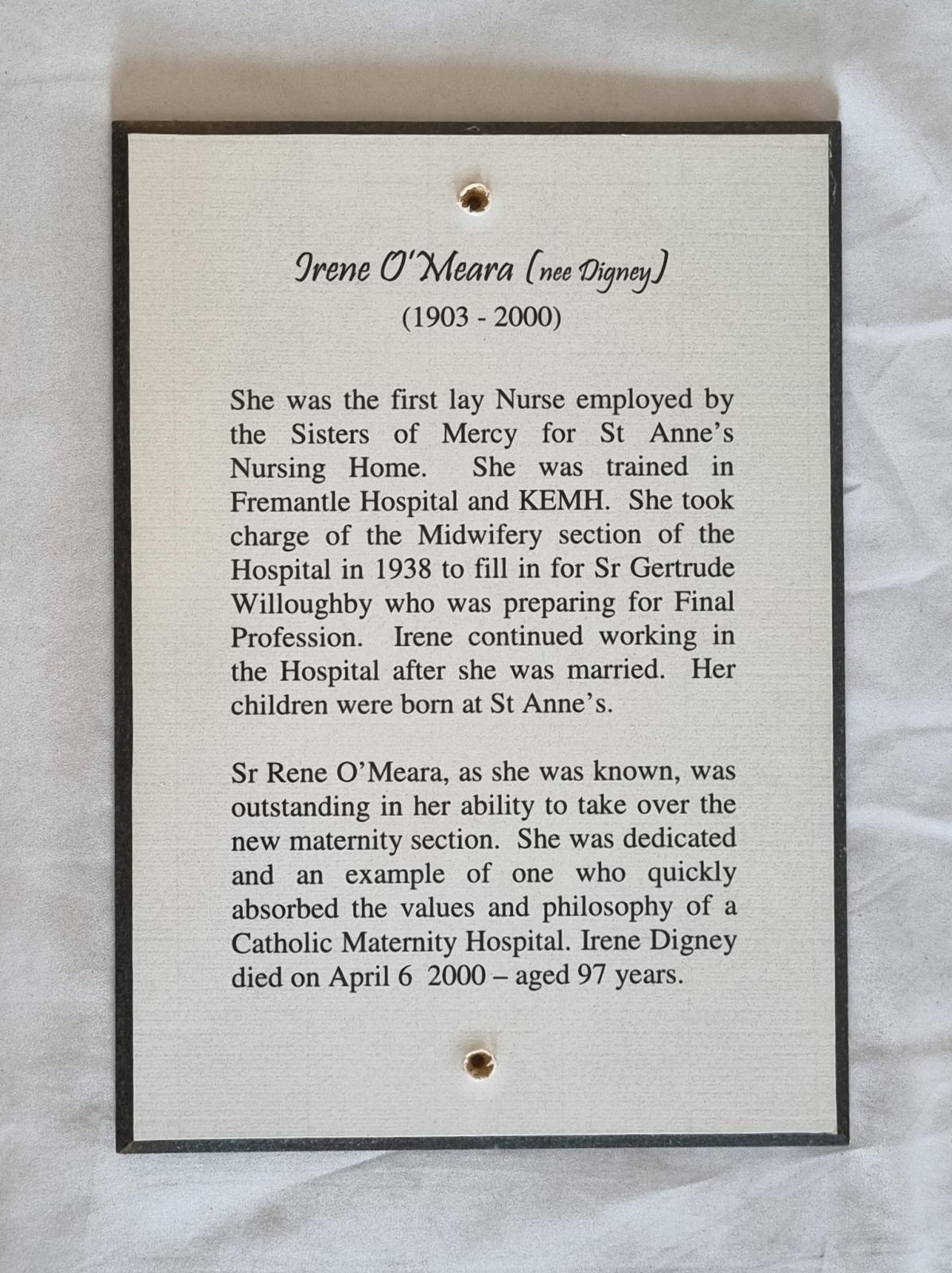 26-383.2 Woodblock-print of description of Irene O'Meara (nee Digney) photo with background. 