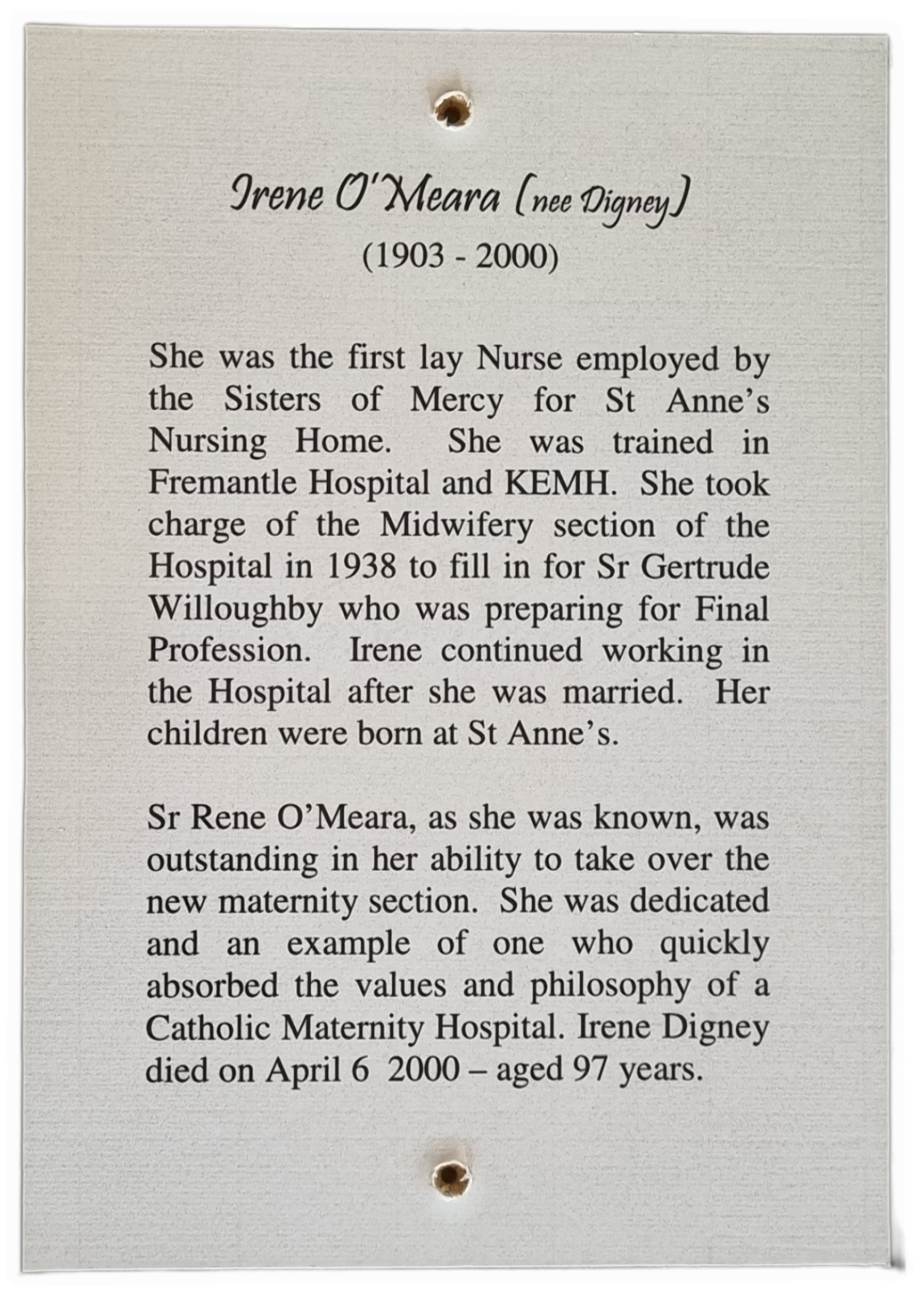 26-383.2 Woodblock-print of description of Irene O'Meara (nee Digney) photo without background. 