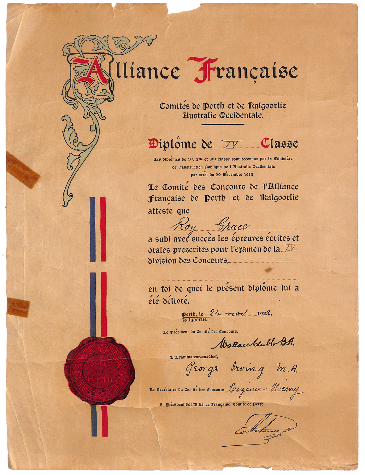 Roy Grace - Alliance Francais Diploma 1922