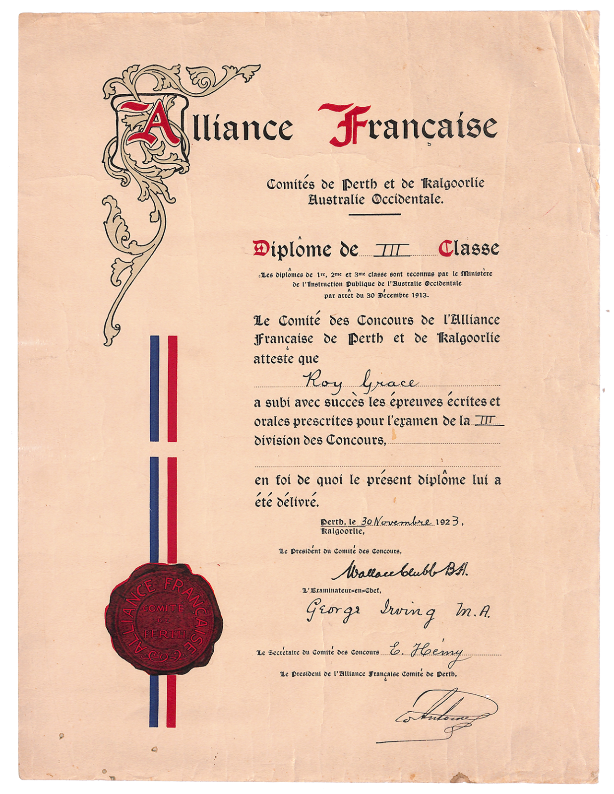 Roy Grace - Alliance Francais Diploma 1923