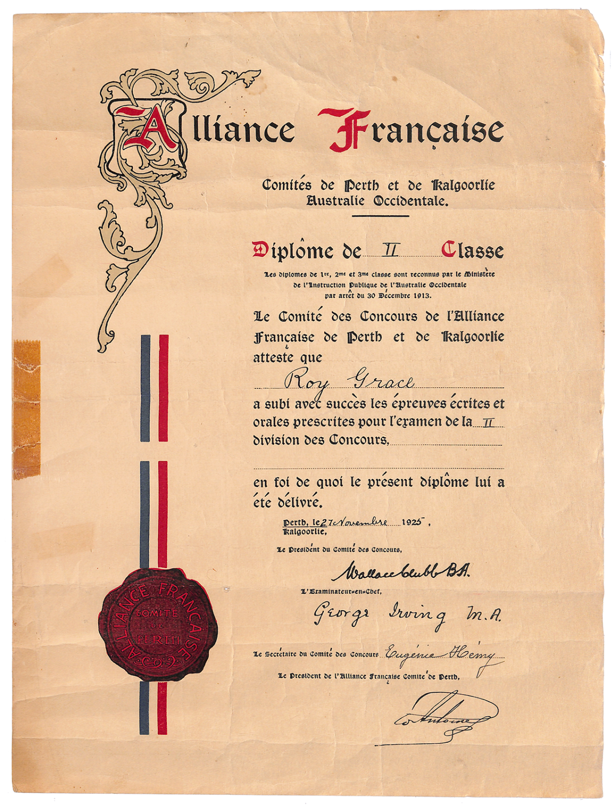 Roy Grace - Alliance Francais Diploma 1925