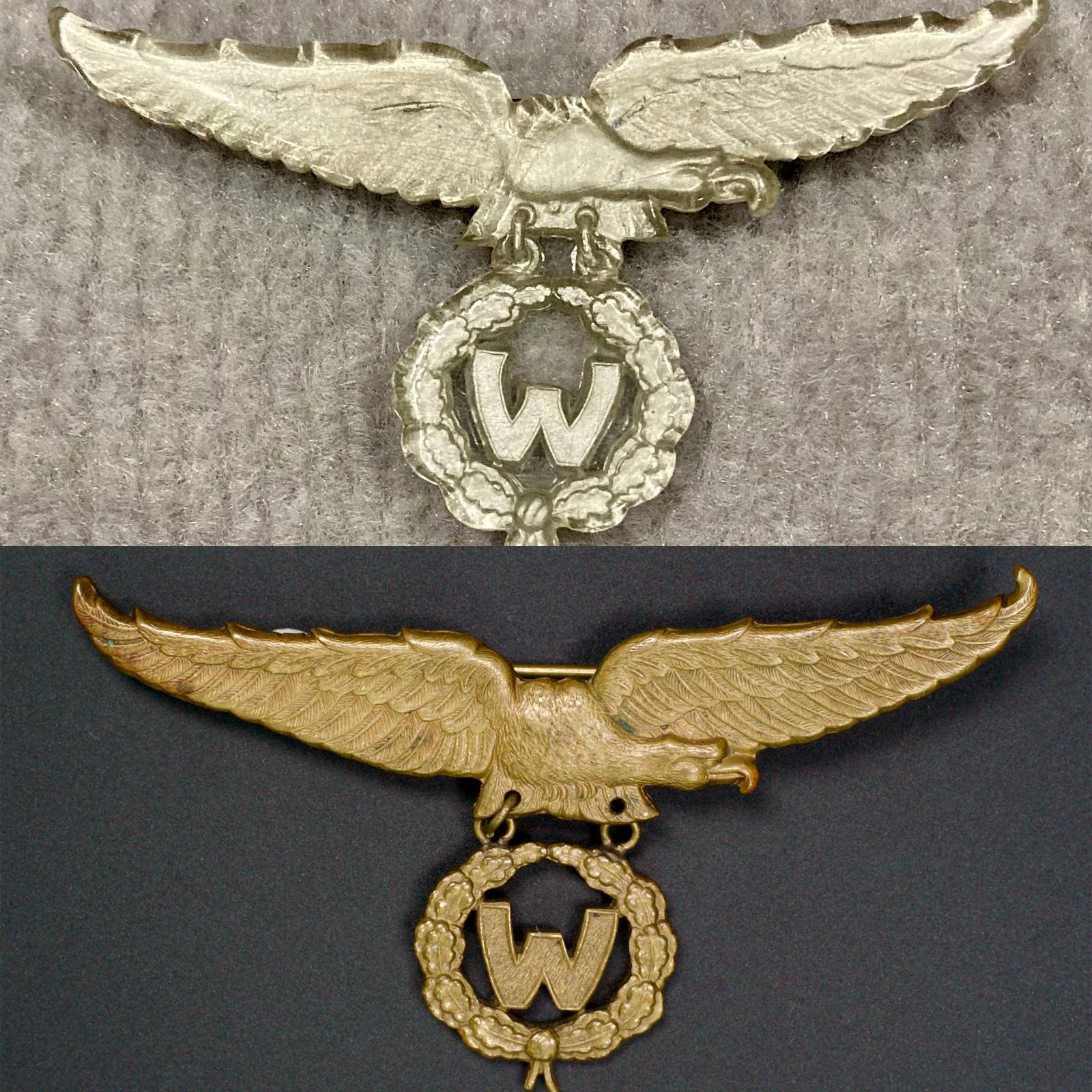 Dutch East Indies Pilot Observer insignia collage showing Perspex and metal varieties