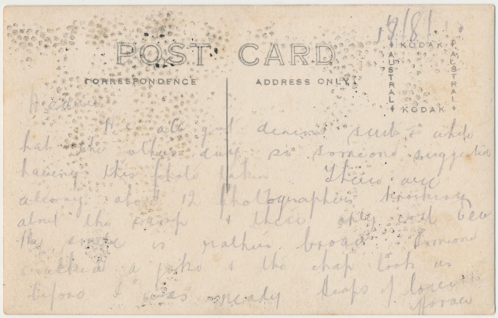 Back of postcard of Men at Camp