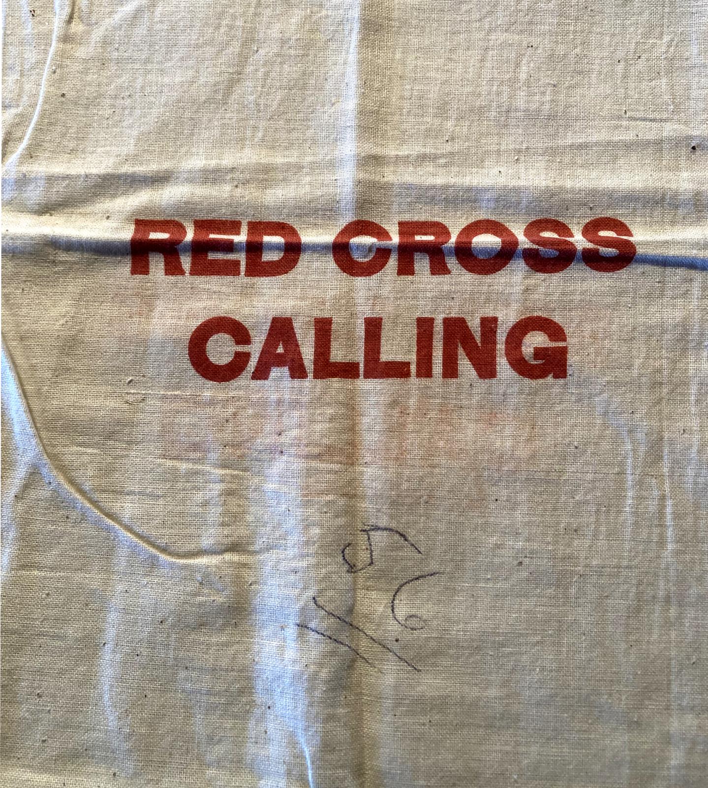 Close up of front of Australian Red Cross Society fabric collection bag
