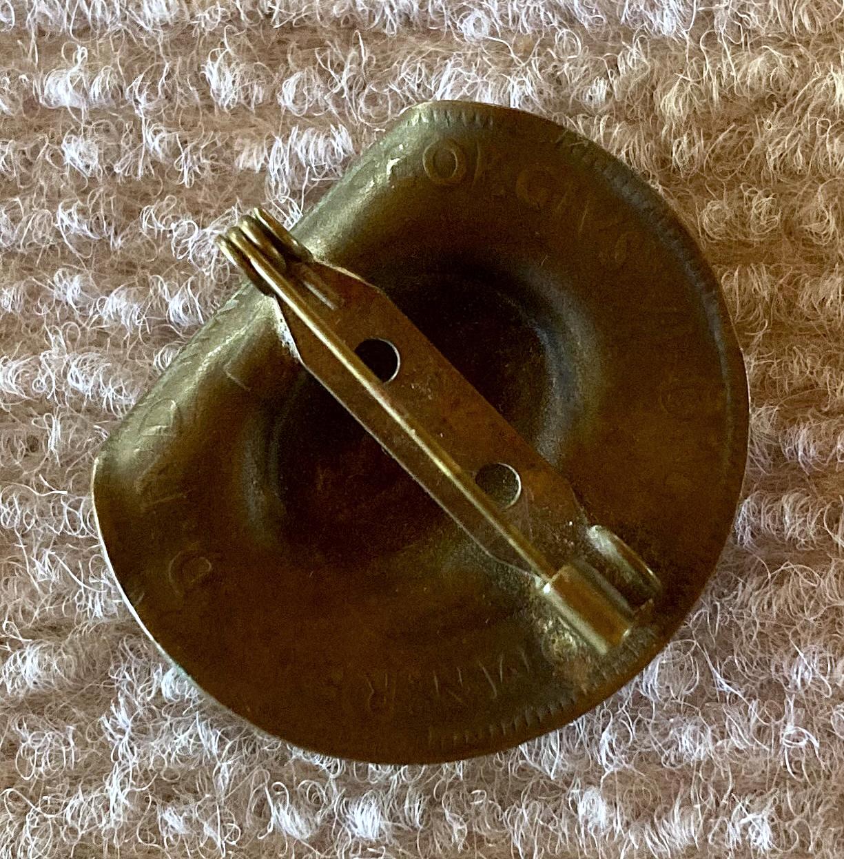 Angled view of reverse of 1941 Australian Penny slouch hat sweetheart brooch