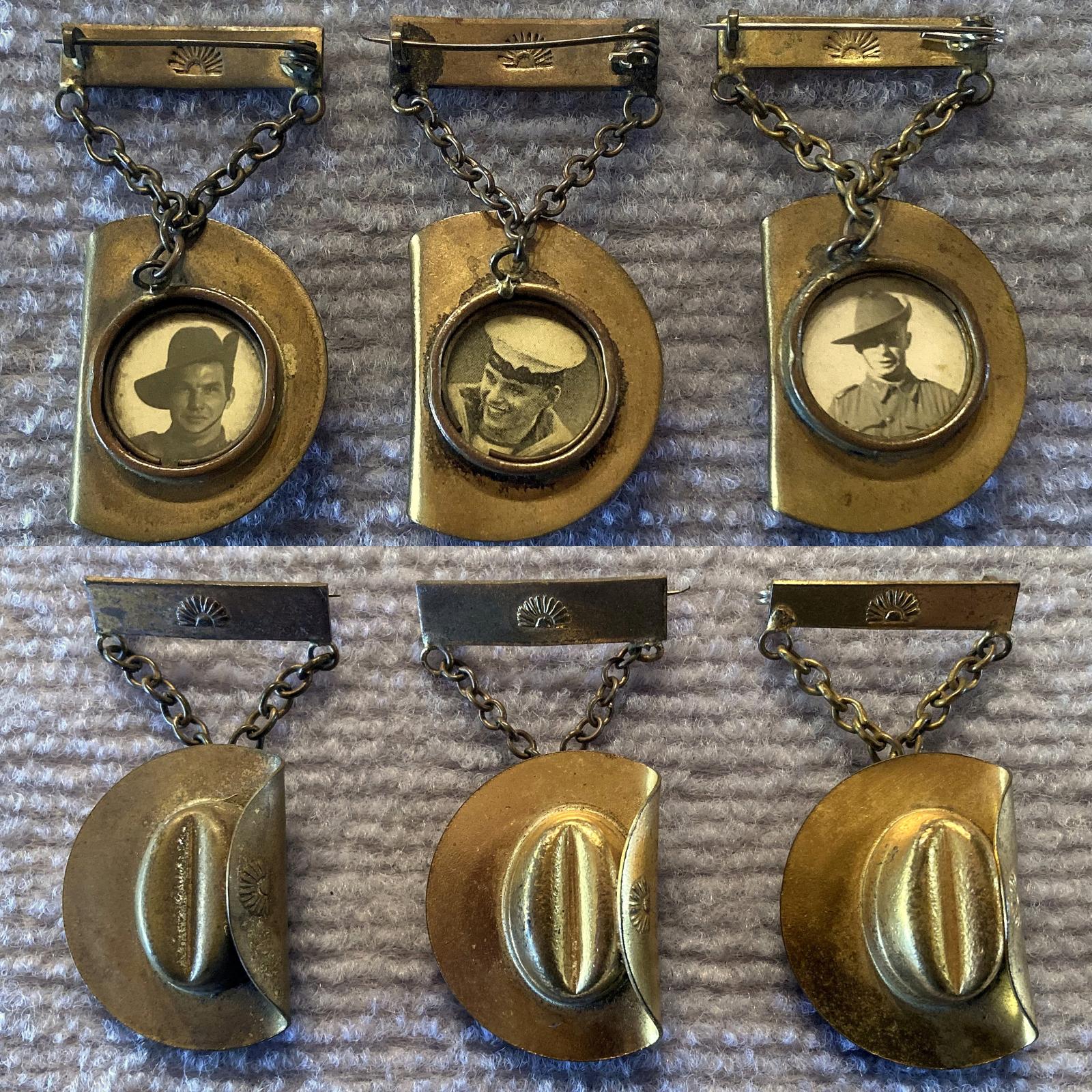 Collage of front and back of three slouch hat sweetheart brooches containing portraits