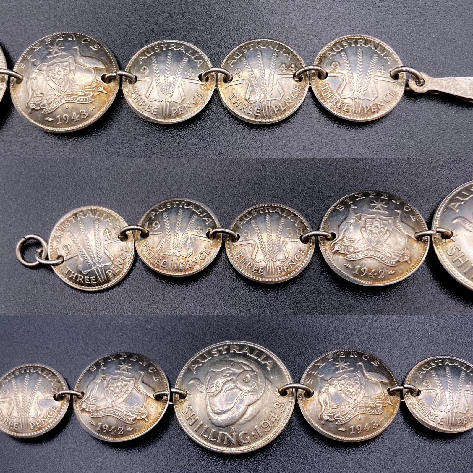 Collage of close up sections of WWII era trench art coin bracelet dated 1942-1944
