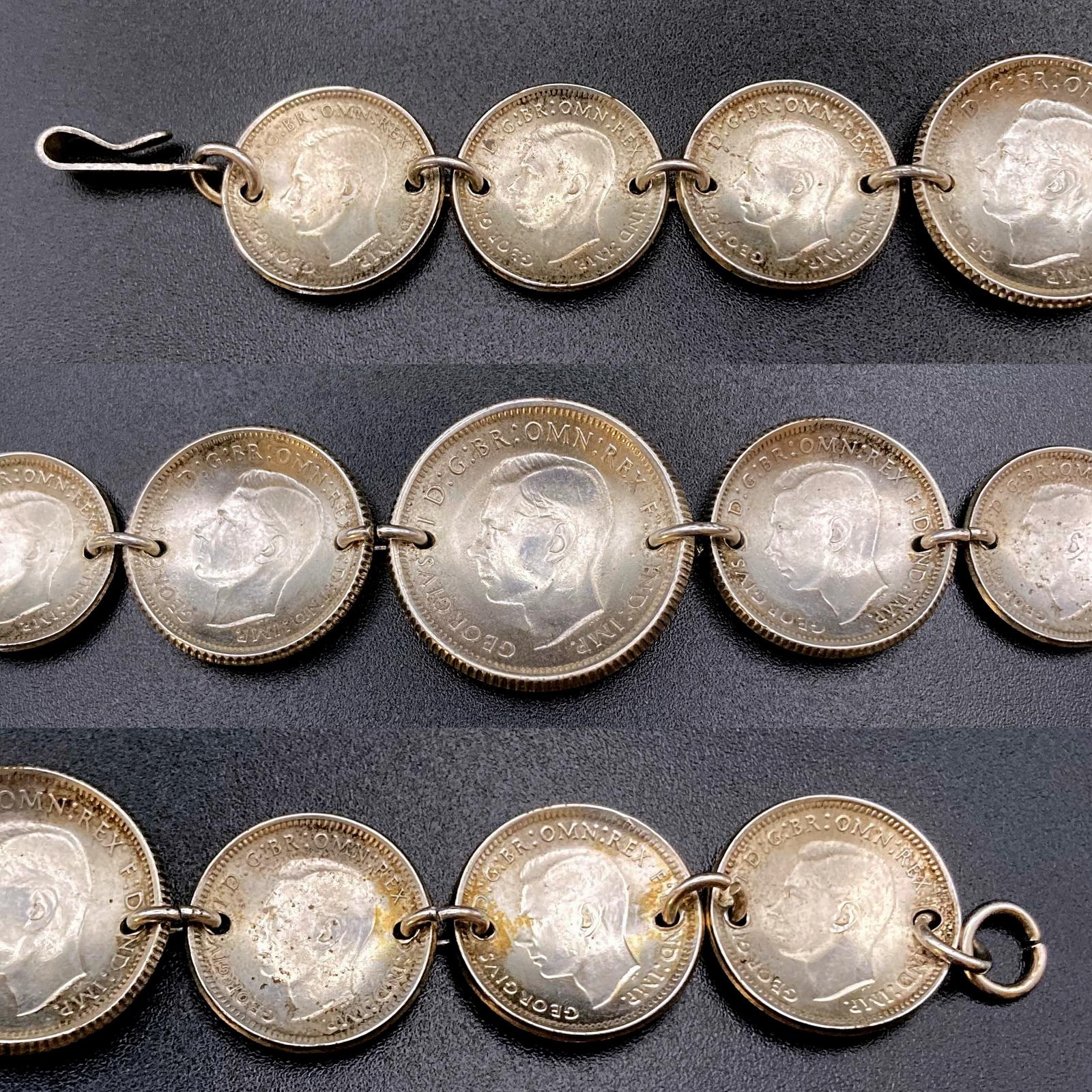 Collage of close up sections of reverse of WWII era trench art coin bracelet dated 1942-1944