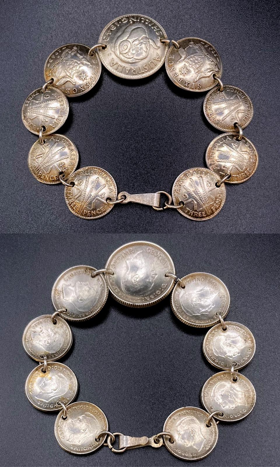 Collage of both sides of WWII era trench art coin bracelet dated 1942-1944 with clasp closed